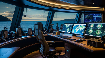 Paint a trader's yacht setup, with panoramic windows displaying ocean views alongside real-time price charts on screens Generative AI