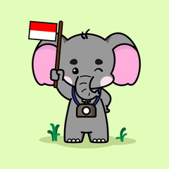 The adorable elephant is carrying an Indonesian flag. Cute elephant cartoon illustration isolated in green background. Vector illustration. Fit for mascot, children's book, icon, t-shirt design, etc.