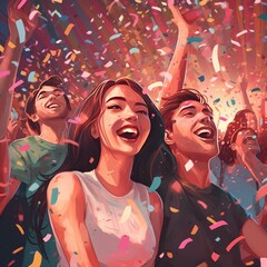 Obraz premium Group of friends enjoying party and throwing confetti. Friends having fun on the party. Generative AI.