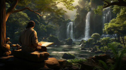 Paint a serene trader's retreat in the forest, with a trader studying price charts by a tranquil waterfall Generative AI