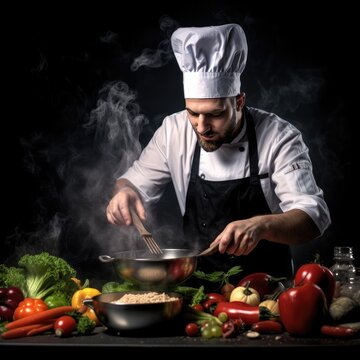 Chef is cooking vegetables on a pan, black background. Generative AI.