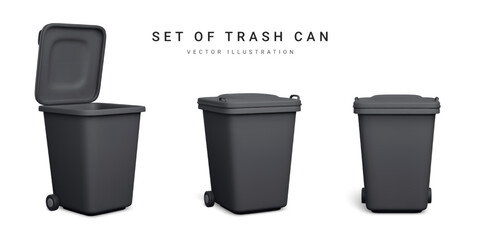 Set of 3d realistic black trash cans isolated on white background. Vector illustration