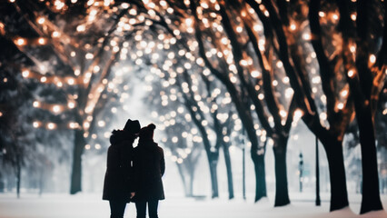 Silhouette of two lovers leaning towards each other in an atmospheric winter park with Christmas...