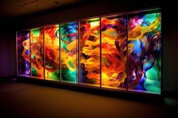 Illustration of a vibrant and abstract art wall in a dimly lit room created using generative AI