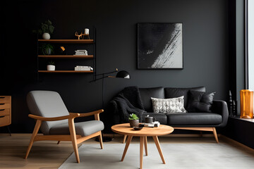 SIMPLE LIVING ROOM WITH TABLE, CHAIR, BOARD AND WALL DECORATION, MODERN INDUSTRIAL THEME DESIGN ROOM