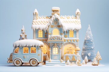 Dreamy powder blue candy House with a sweet white gingerbread car. Christmas sweet postcard.