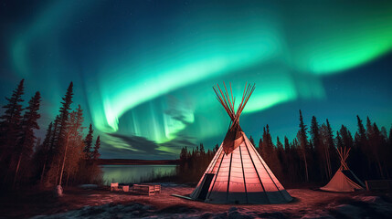 Teepees Amidst the Aurora: Captivating Northern Lights Display. Generative AI