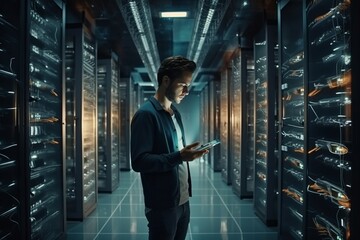 a man with a tablet checks the server room. Concept network, artificial intelligence, . generative ai.