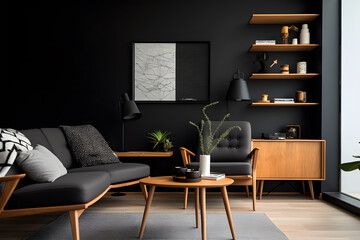 SIMPLE LIVING ROOM WITH TABLE, CHAIR, BOARD AND WALL DECORATION, MODERN INDUSTRIAL THEME DESIGN ROOM