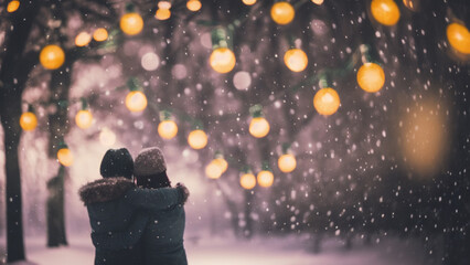 Atmospheric winter photo with two girlfriends against the backdrop of an evening alley lit by lights.