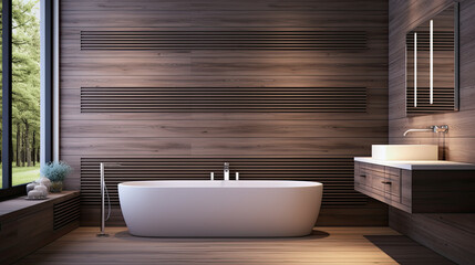 Fototapeta na wymiar Cuarto de baño lujoso y moderno en tonos madera calidos y blancos. ilustracion de ia generativa