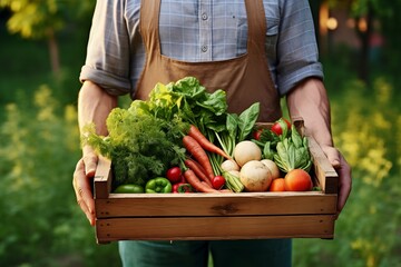 farmer holding a wooden box with fresh vegetables on the background of the garden. Healthy food concept. generative ai.