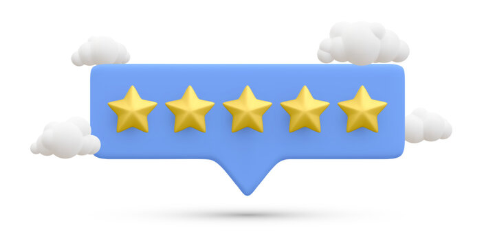 3d realistic bubble rating five stars with clouds for excellent services. Customer rating feedback concept for rating product, internet website or mobile application. Vector illustration