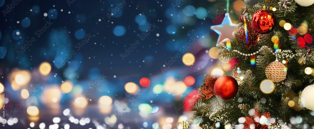 Aufkleber beautiful christmas background with an ornate christmas tree on an evening blue background with blur
