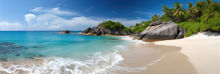 Obraz premium Tropical paradise beach with white sand. Panoramic view. Generative AI