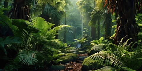 AI Generated. AI Generative. Wild tropical jungle forest park tree landscape. Adventure travel risky explore trip background landscape. Graphic Art - obrazy, fototapety, plakaty
