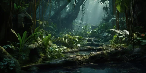 Poster Monde féerique AI Generated. AI Generative. Wild tropical jungle forest park tree landscape. Adventure travel risky explore trip background landscape. Graphic Art  © AkimD