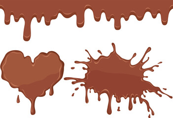 Set of chocolate drips, stains and splashes on white background. Vector illustration