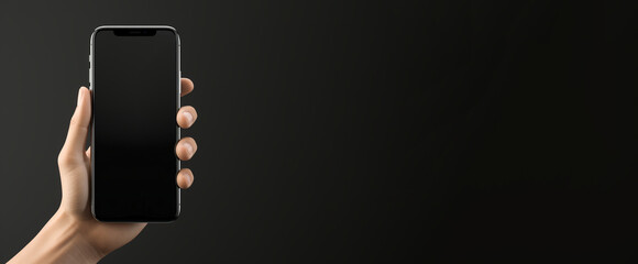 Hand holding smartphone device isolated with copy space. Generative AI banner