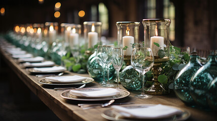 Obraz premium Celebration wedding table with setting and decor, expensive tableware, wedding or anniversary party