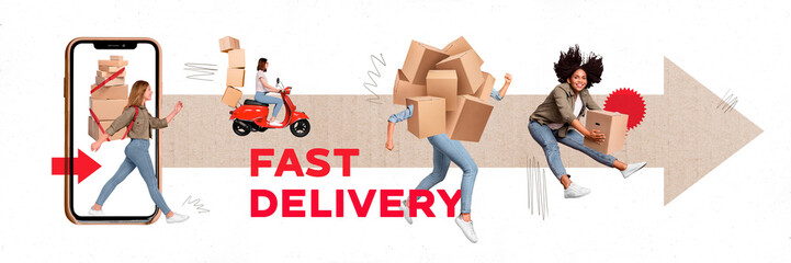 Creative 3d photo artwork graphics collage painting of fast delivery service advertisement drawing...