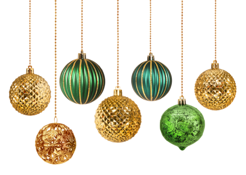 Seven gold and green decoration Christmas balls collection hanging isolated