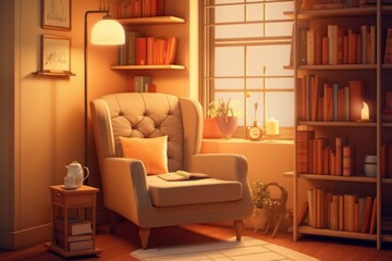 Illustration of a cozy living room with a comfortable chair and a bookshelf filled with books, created using generative AI