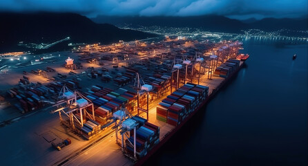 Fototapeta na wymiar City's Maritime Heartbeat, Aerial Glimpse of Container Terminal at Night, Generative AI
