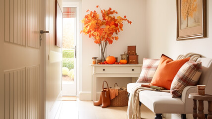 Autumnal hallway decor, interior design and house decoration, welcoming autumn entryway furniture, stairway and entrance hall home decor in an English country house and cottage style
