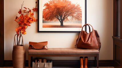 Autumnal hallway decor, interior design and house decoration, welcoming autumn entryway furniture,...