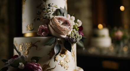 Luxury wedding cake, exclusive high-end design, beautifully decorated professional multi tier premium cake as main dessert for exquisite wedding celebration