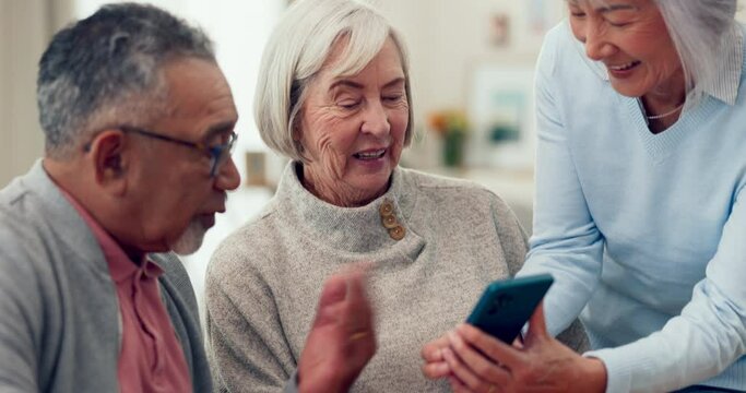 Friends, phone and senior people talking in a retirement home with internet connection. Elderly women and a man relax together with a smartphone for memory, social media or pension discount website