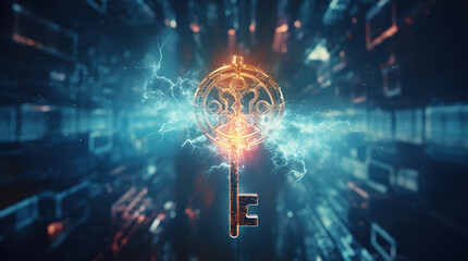 A vintage key floating on glowing abstract background with particles and sparks, security concept, generative ai