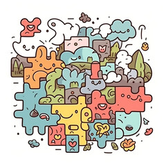 cute doodle puzzles cartoon style, illustrator