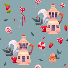 Seamless Pattern with Cute Houses, Geyser Coffee Maker, Sweet, Candies, Cupcake, Mug, Coffee Shop. Vector Background for Textile, Packaging, Decor, Wrapping.