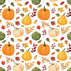 Autumn seamless pattern with colorful pumpkins, forest leaves and red berries. Vector illustration. Isolated on white background. Fall harvest, Thanksgiving wallpaper.