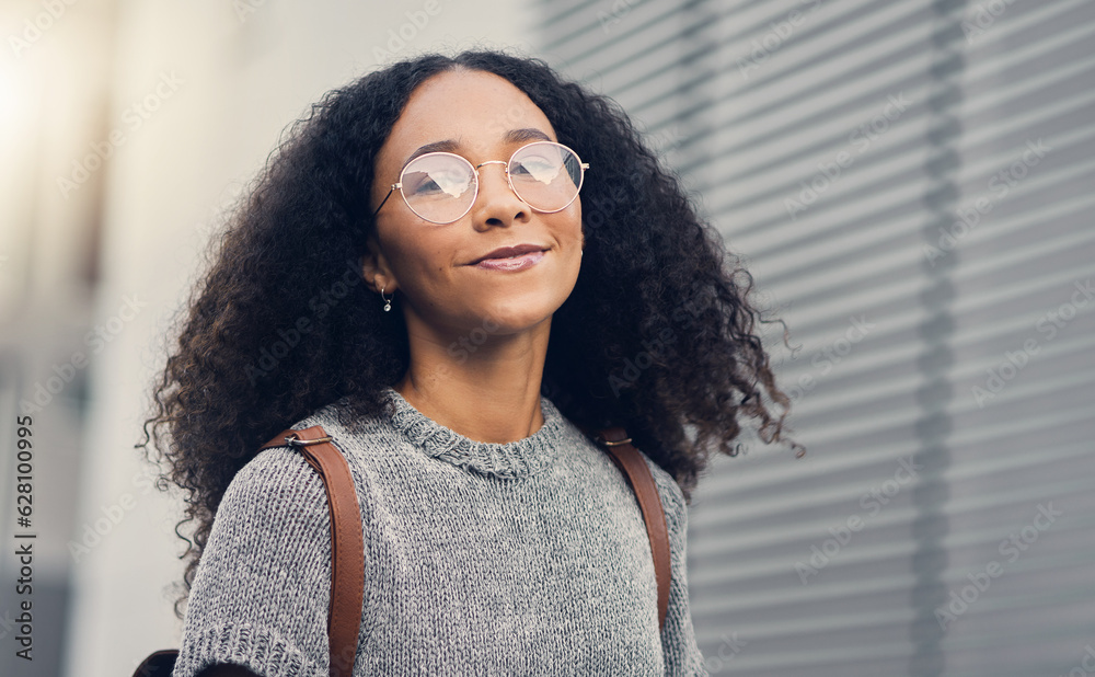 Wall mural Woman, portrait and city travel of student with glasses on a street with freedom. Urban, university holiday and happy face of young African person walking with backpack on adventure vacation outdoor