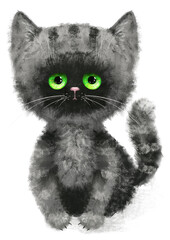 Hand-drawn Fluffy black cute kitten with green eyes illustration