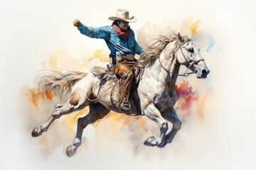Cowboy taming the wild horse, colorful watercolor painting on paper.