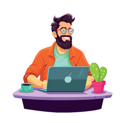 Happy Business man at the desktop with a laptop. Freelancer or office worker.