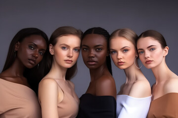 A diverse group of beautiful women with natural beauty and glowing smooth skin. Portrait of many attractive female fashion models with great skincare of all races, tones and style, generative AI