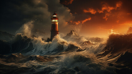 Fototapeta na wymiar Beautiful lighthouse in a dramatic storm. Generative Ai