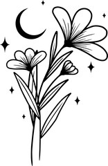 Minimalistic line art illustration of flowers with moon and star