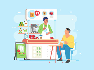 Man Drink coffee and chat in Coffeshop. Barista and customer in small coffee shop Coworking