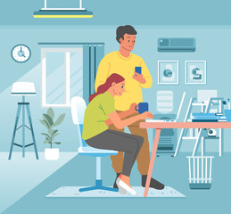 Fototapeta na wymiar Work at home. Freelance people working in comfortable with a cup of coffee. Freelancer male and female characters working on laptop at home