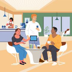 Cafe interior Group of people man and woman Dinning and Working in modern Coffehouse. Barista and customer in coffee shop