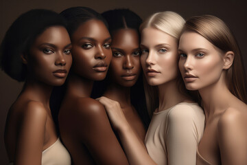 A diverse group of beautiful women with natural beauty and glowing smooth skin. Portrait of many attractive female fashion models with great skincare of all races, tones and style, generative AI