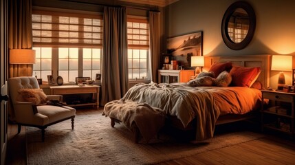 An inviting bedroom with warm colors and cozy elements. AI generated
