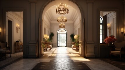 Fototapeta na wymiar A grand and welcoming entryway with stylish lighting and furniture. AI generated