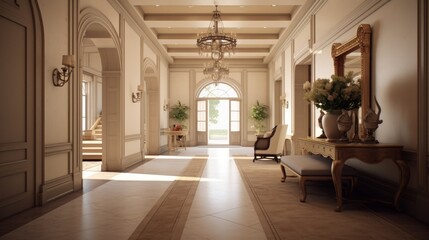 A grand and welcoming entryway with stylish lighting and furniture. AI generated